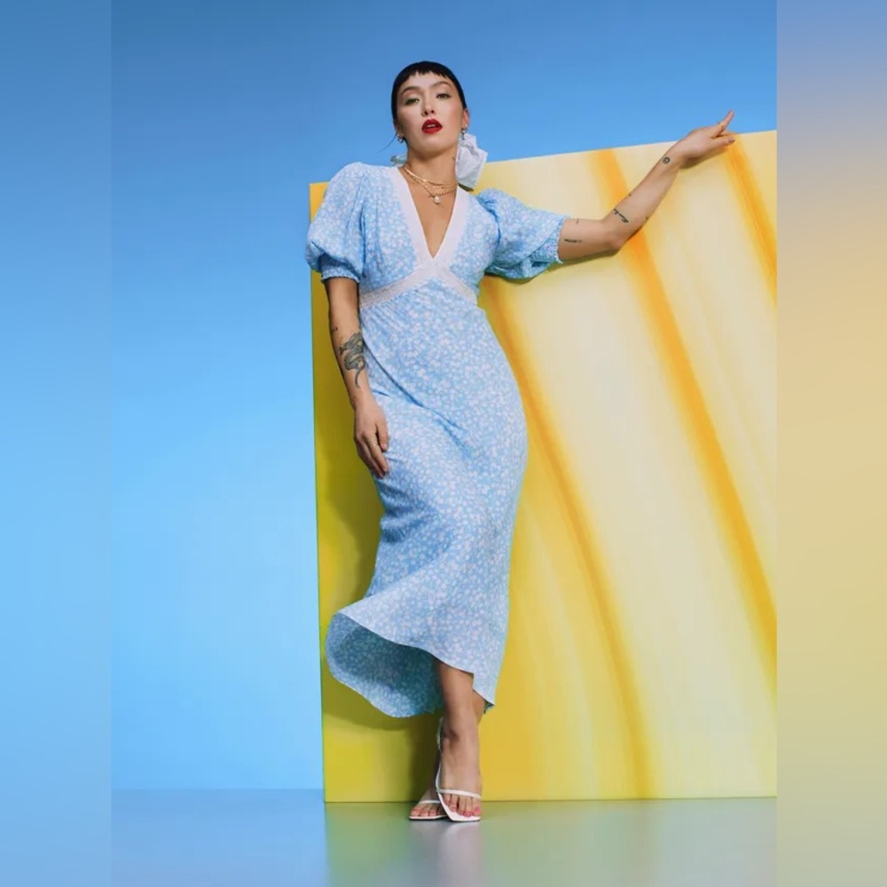 Floral Puff Sleeve Lace Inset Swing Dress